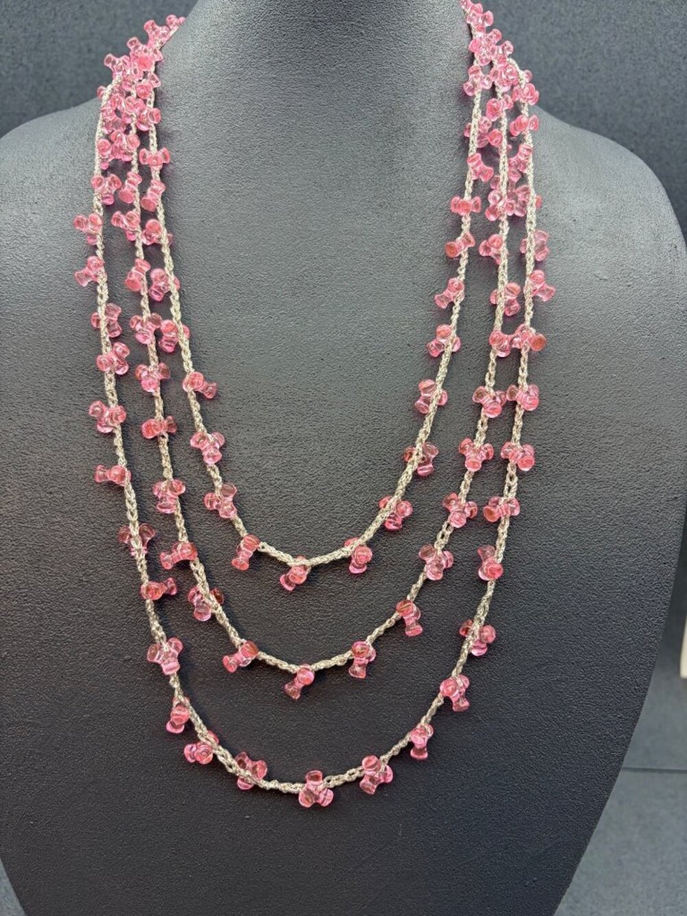 Crochet Necklace 88 In Pink Tri-Bead Silver Handmade Boho Retro Vintage Barbie
